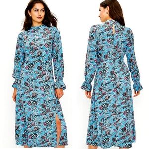 Loft Bouquet Mock Neck Midi Dress In Blue Floral Size 14